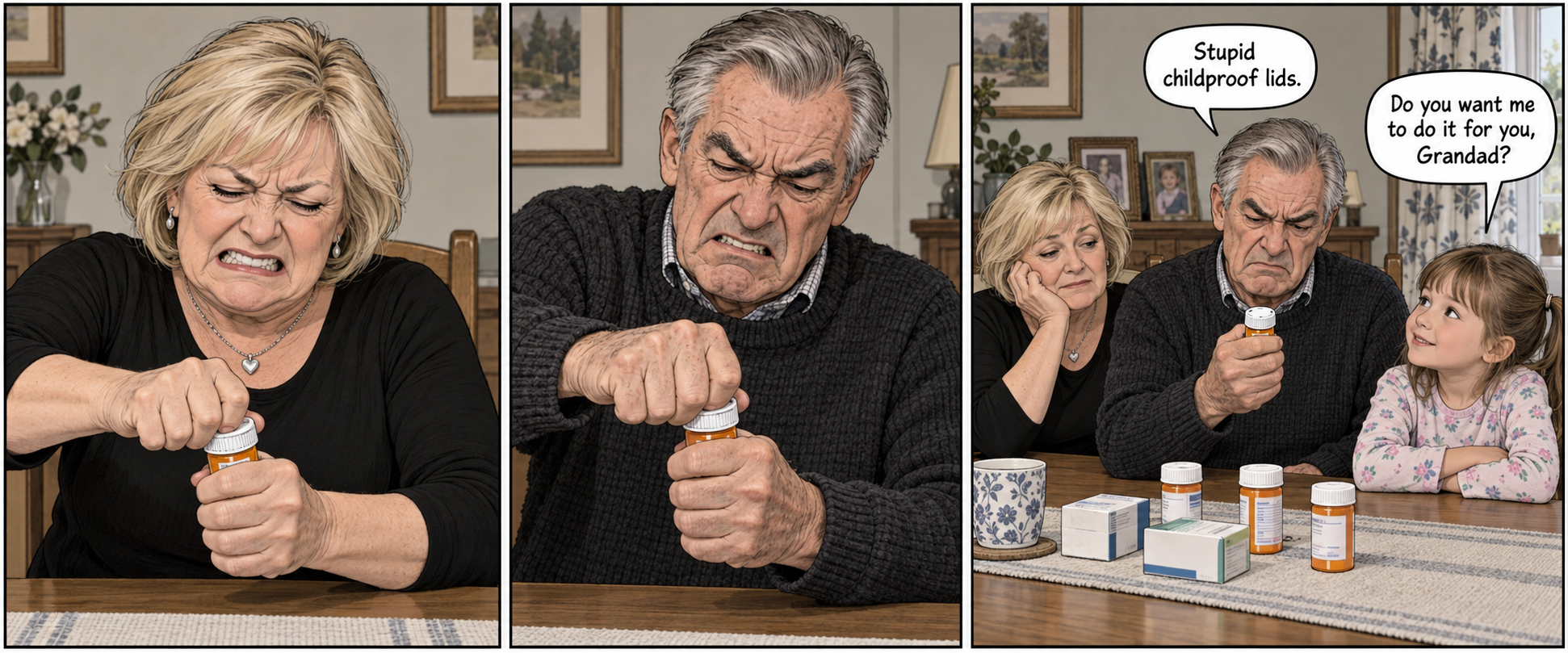 Doreen and Syd struggle to open pill bottles before their granddaughter offers to help.