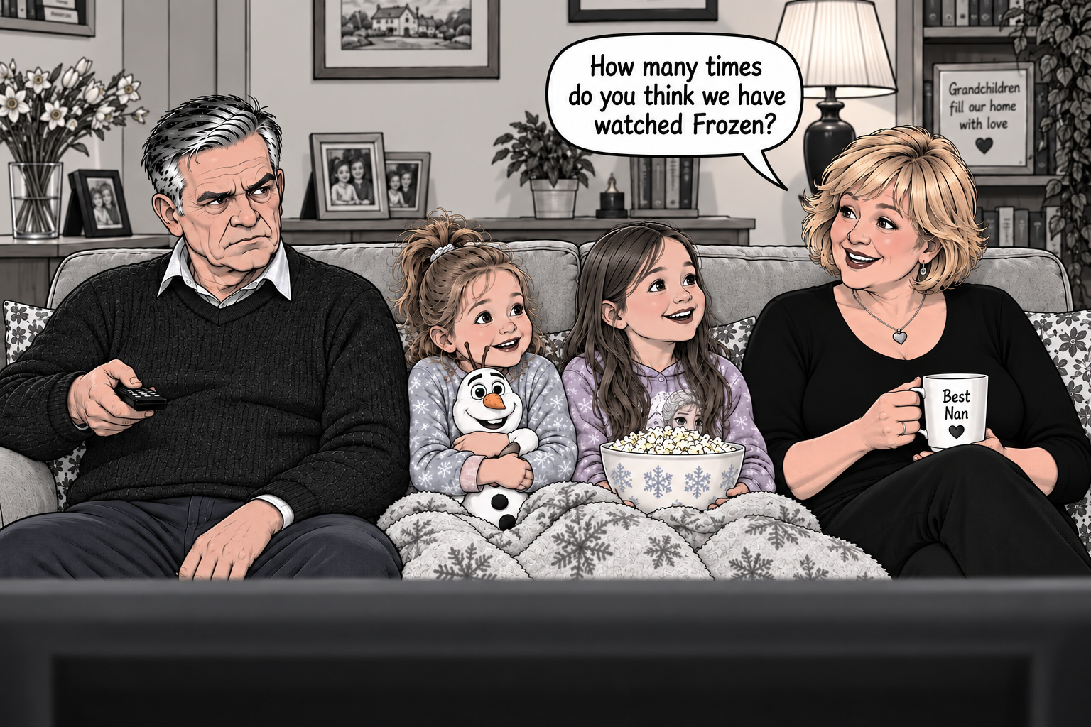 Syd and Doreen watch Frozen with their granddaughters.