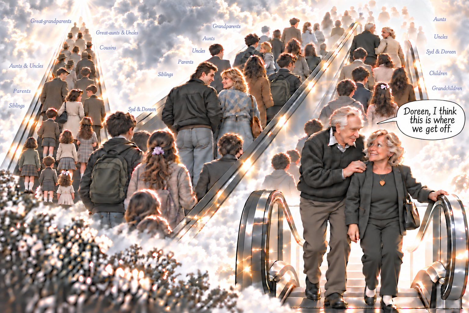 A dreamlike sequence of three escalators carrying generations of one family through life, ending with an elderly Syd and Doreen stepping off together.