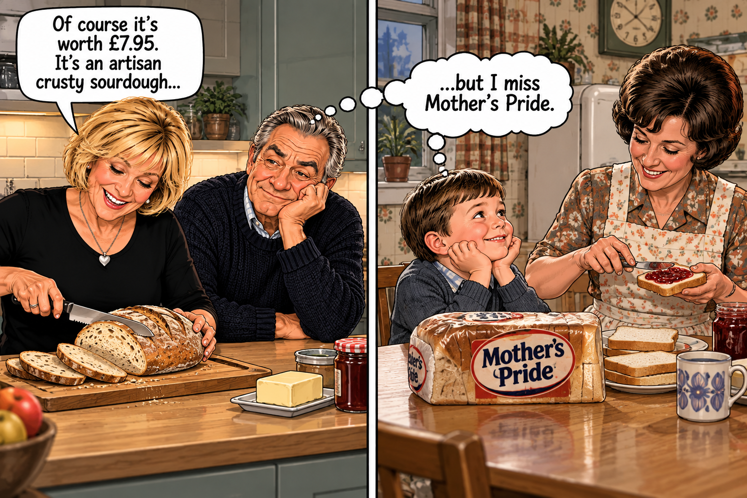 Doreen cuts an expensive artisan sourdough loaf while Syd remembers Mother’s Pride bread from his childhood.