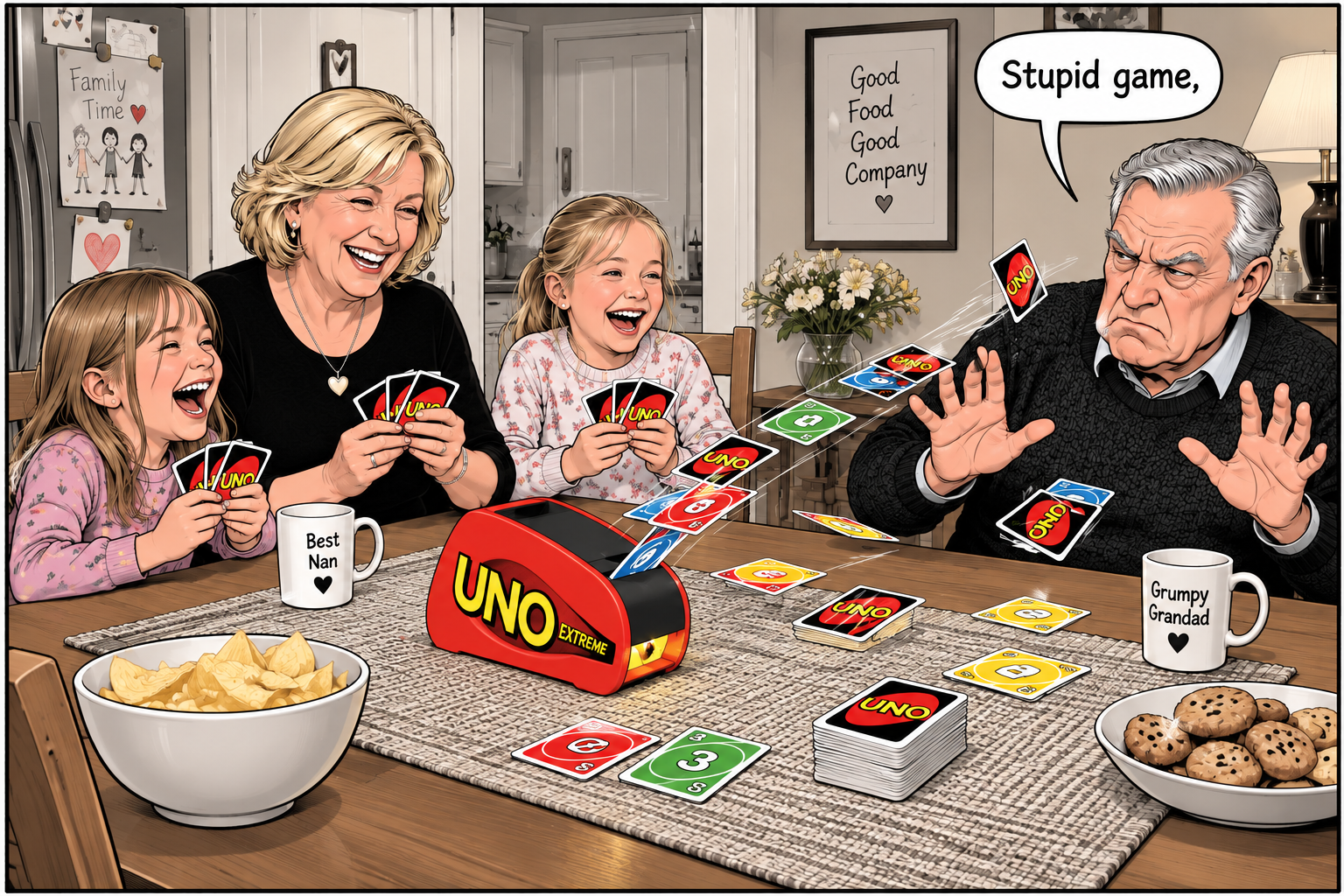 Doreen and two granddaughters laugh as the UNO Extreme machine launches cards at a frustrated Syd, who says, ‘Stupid game.’
