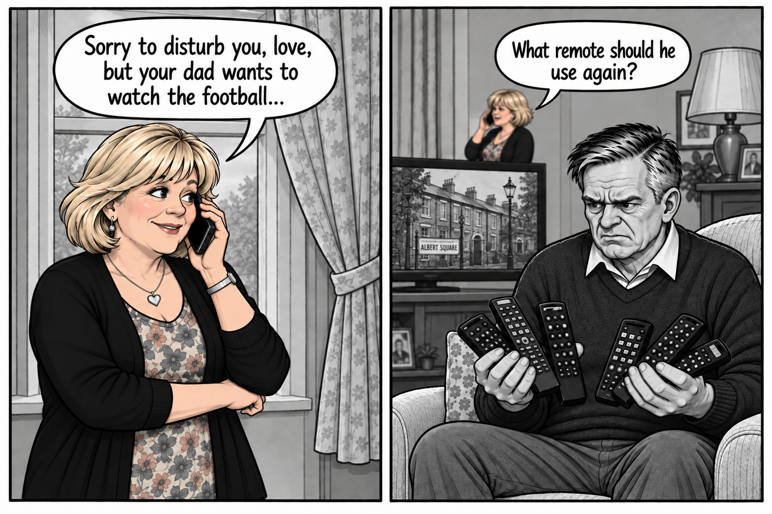 Doreen asks which remote Syd should use, while Syd looks exasperated at the remotes in his hands.
