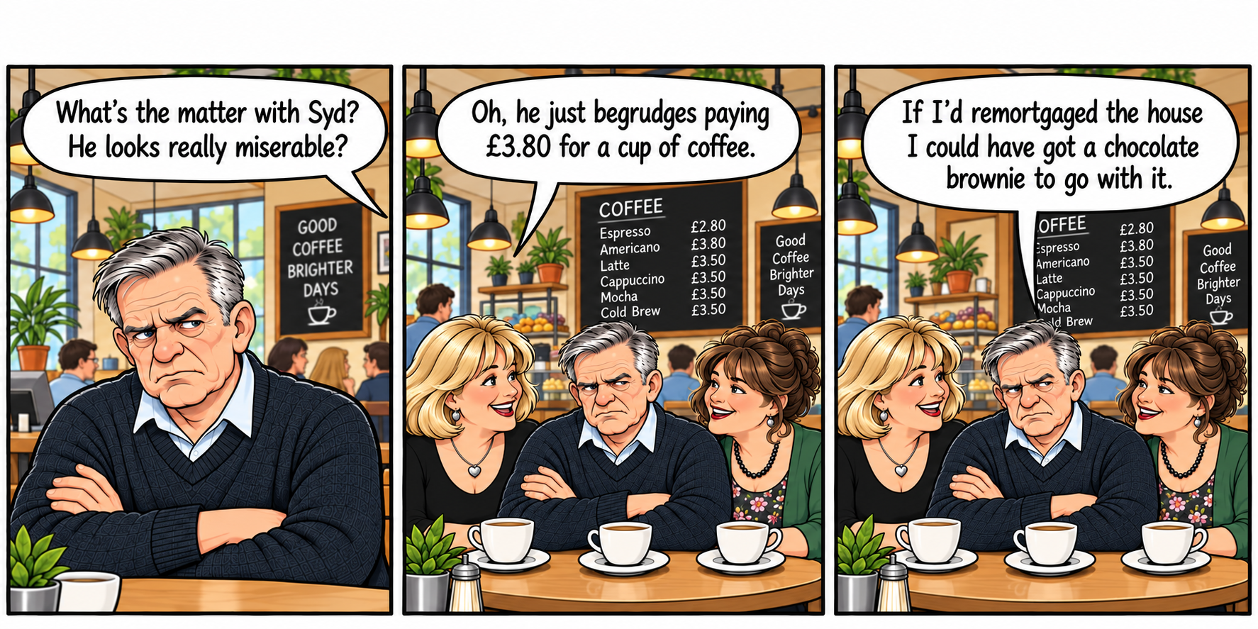 Syd sits miserably in a coffee shop while Doreen explains that he begrudges paying £3.80 for coffee; Syd says he could have had a brownie if he had remortgaged the house.