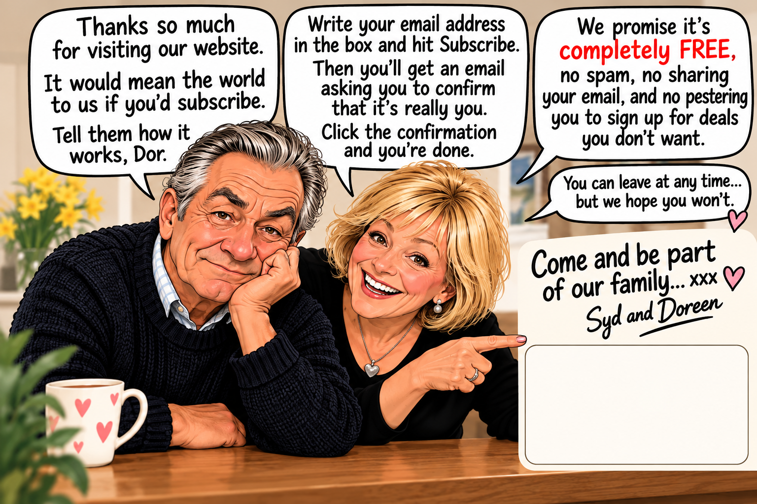 Syd and Doreen thank visitors for coming, explain the confirmation email, and promise that subscribing is free, with no spam or sharing of email addresses.